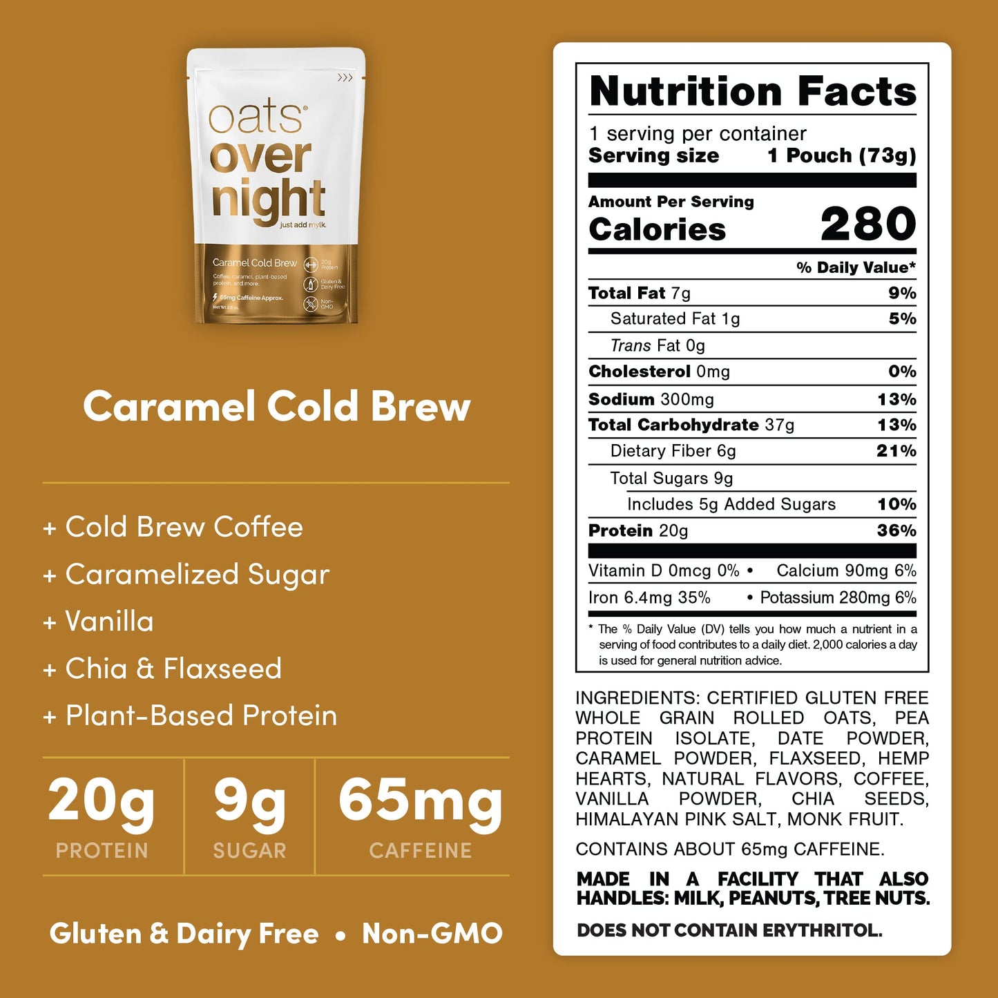 Oats Overnight Caramel Cold Brew Breakfast Shake - Vegan, 20g Protein, 65mg Caffeine - 2.6 oz (Pack of 24)
