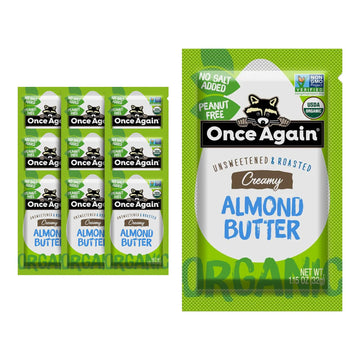 Once Again Organic Creamy Almond Butter, Roasted, Salt Free, Unsweetened, 1.15oz Squeeze Packs, 10 Count, Gluten Free, Vegan, Kosher