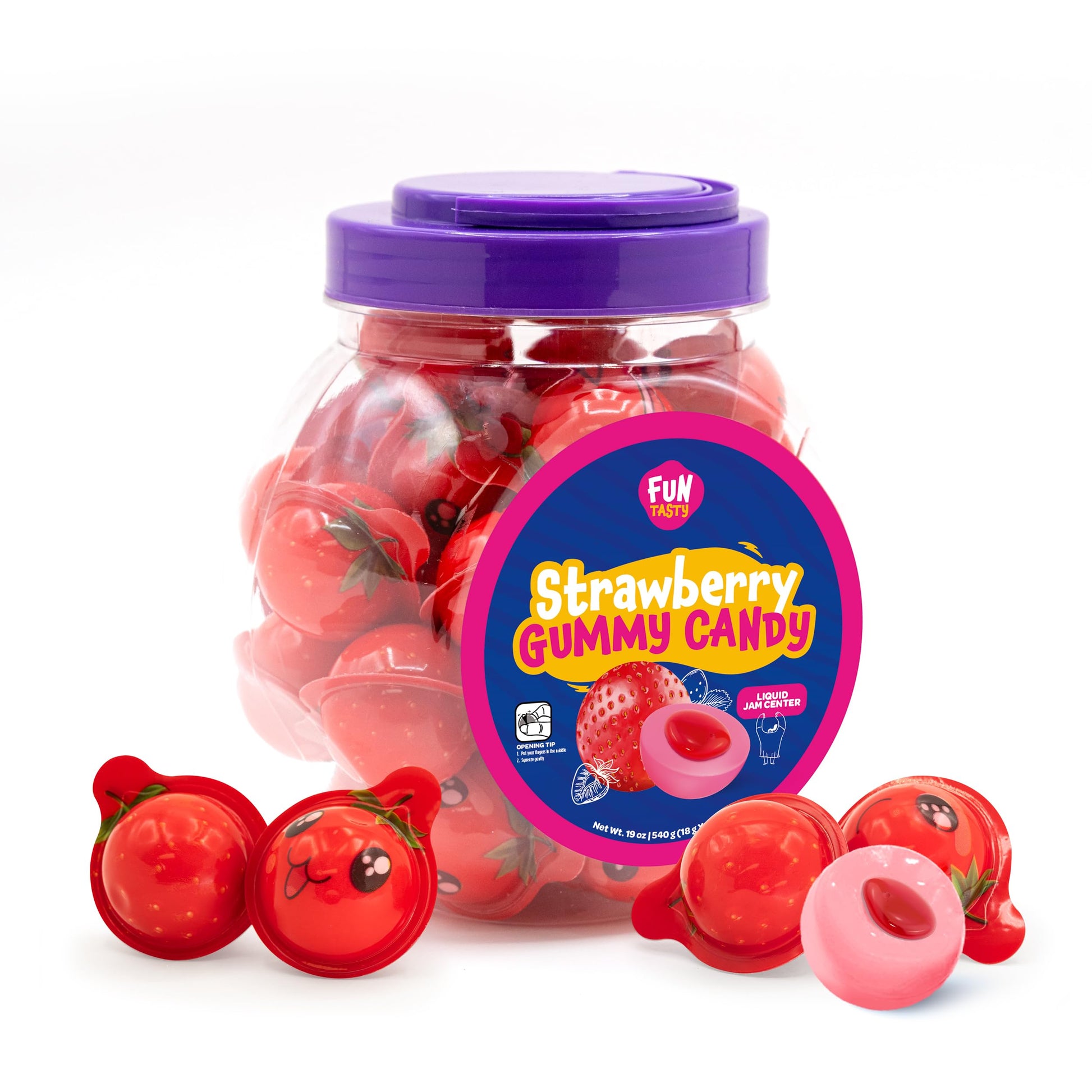 Funtasty Strawberry Gummy Balls - 19 Ounce Jar (30 Count) - Jam Filled Candy - Party Favors