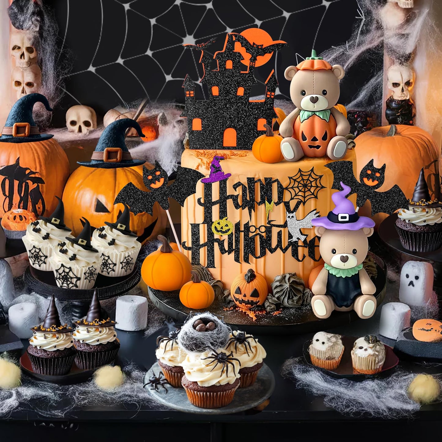 9 PCS Halloween Cake Topper Witch Bear Cake Topper Pumpkin Bat Cake Decorations with Happy Halloween Cake Decorations for Scary Party Supplies