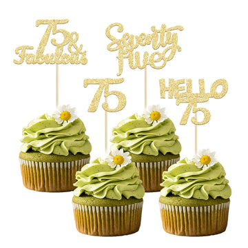 Gyufise 24Pcs Gold Glitter 75 Cupcake Toppers 75Th Birthday Cupcake Toppers Hello 75 Seventy Five 75 Cake Toppers 75 Fabulous Cu