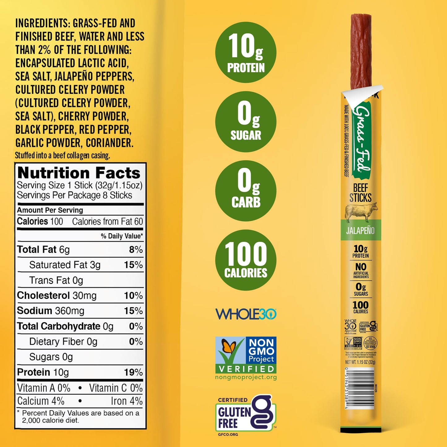 Tillamook Country Smoker 100% Grass Fed Beef Sticks  Zero Sugar  Jalapeno  1.15 Ounce (Pack of 8) Whole 30  Non GMO Clean Meat Snacks  Low Carb  High Protein  Gluten Free  Individually Wrapped