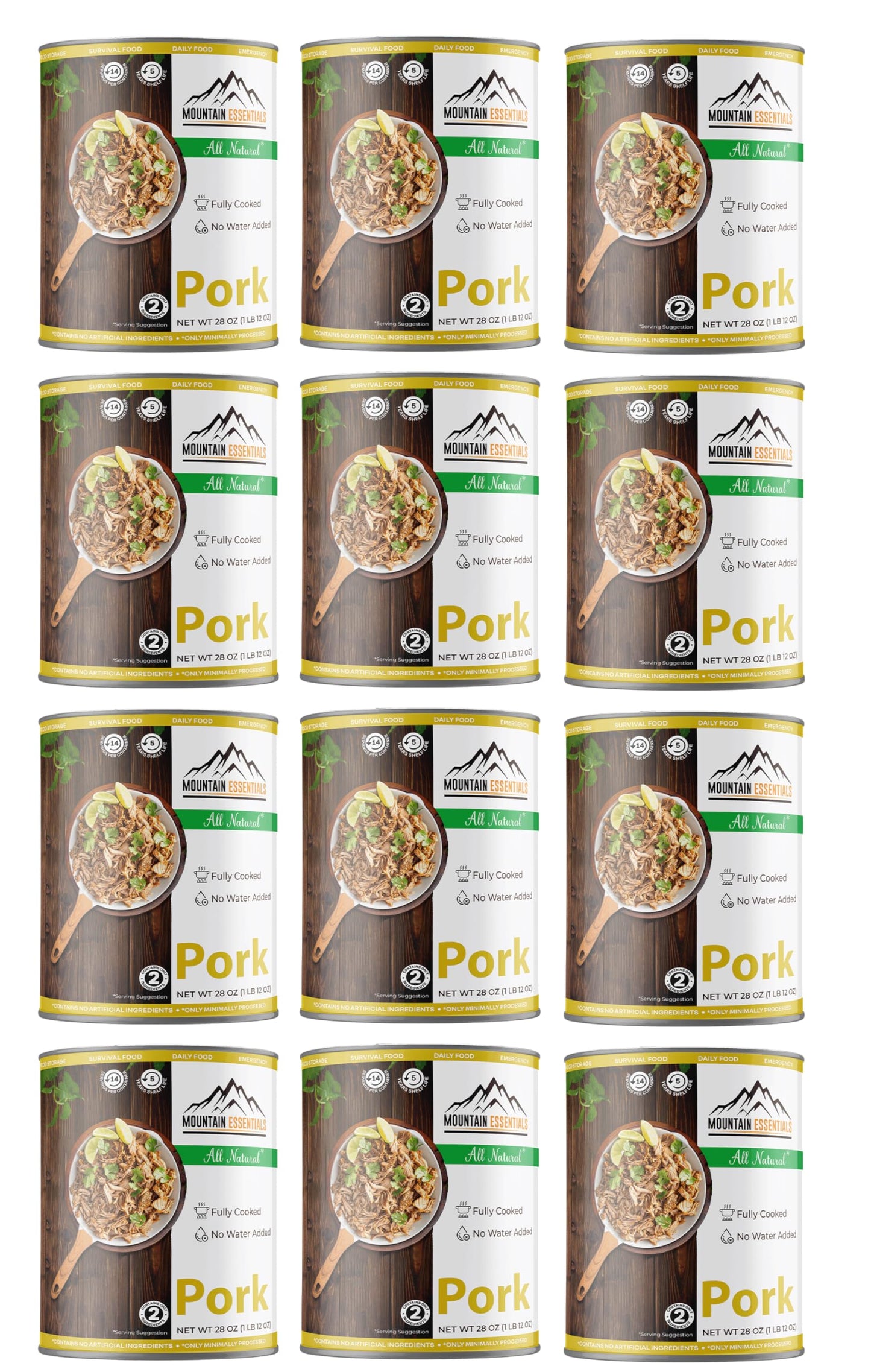 MOUNTAIN ESSENTIALS Canned Pork - Fully Cooked, Ready to Eat - Pack of 12 - 28 Oz - 5-Year Shelf Life - Made in USA