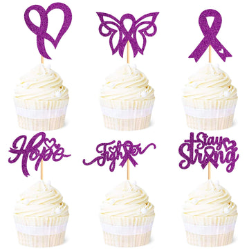 Ercadio 24 Pack Breast Cancer Cupcake Toppers Purple Glitter Hope Stay Strong Pink Power Ribbon Cupcake Picks For Breast Cancer 