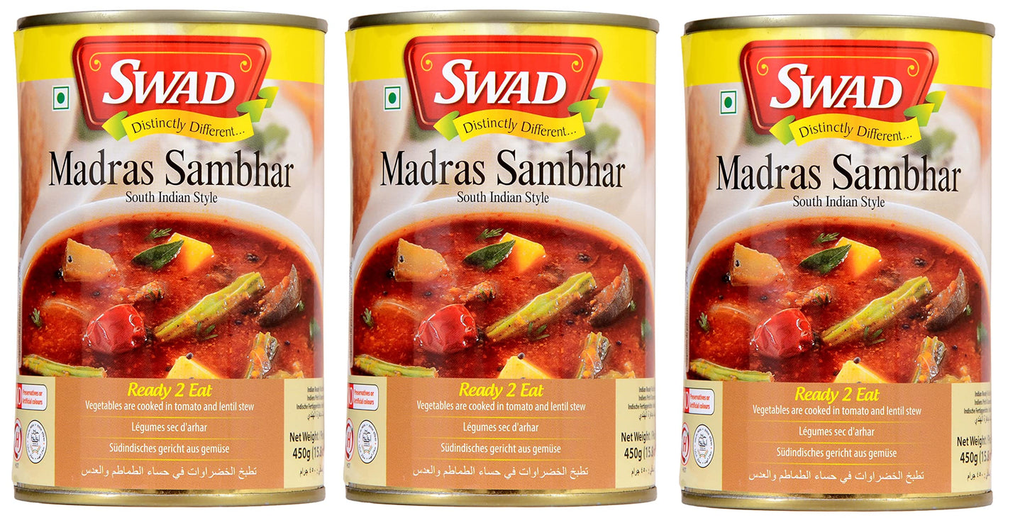 Swad Ready To Eat Madras Sambhar Instant Mix Vegetarian Heat & Eat With No Added Preservative - 450 Grams (Pack Of 3)