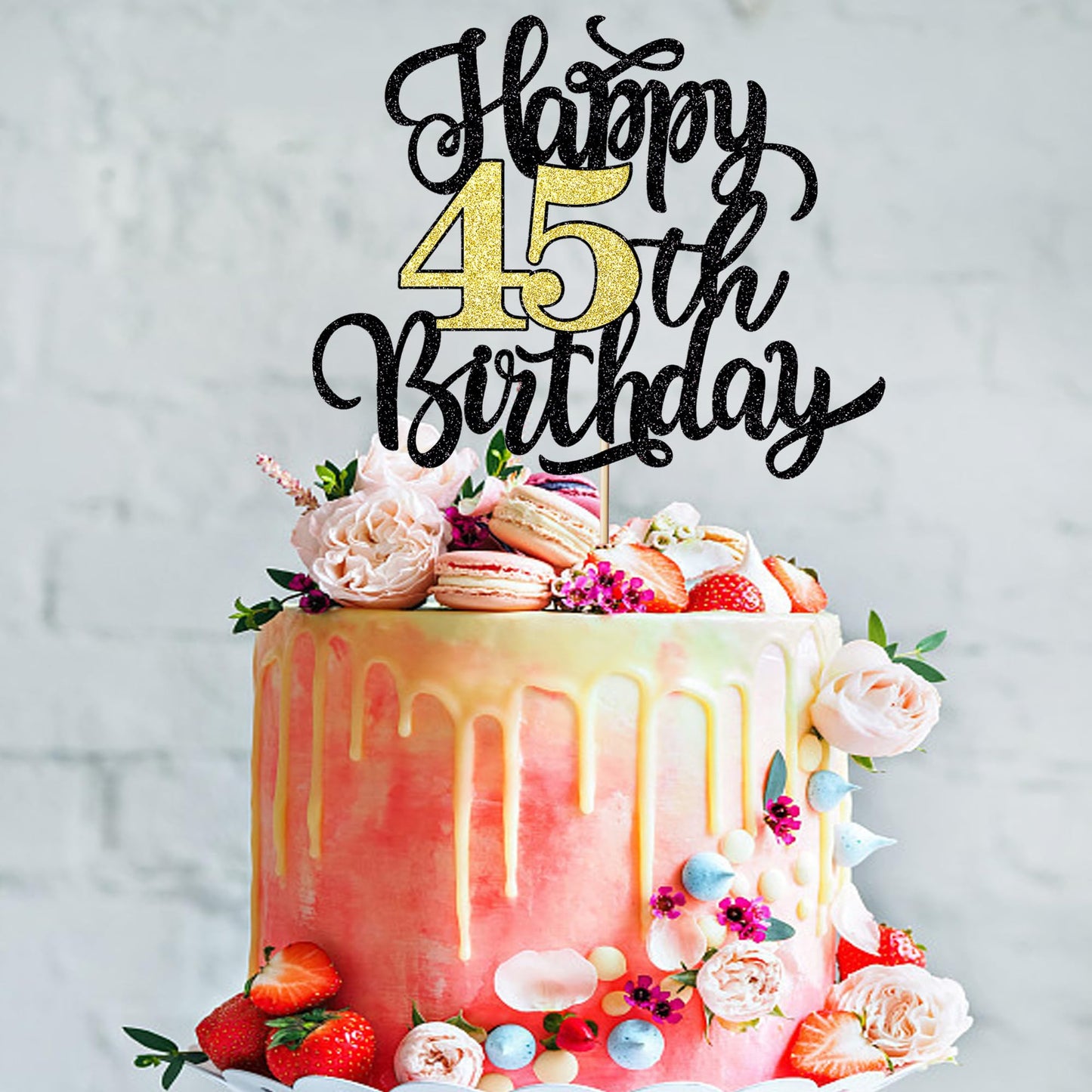 Leetaivie Happy 45Th Birthday Cake Topper, Black Gold Glitter Birthday Cake Topper, 45Th Anniversary/ 45Th Birthday Party Decora