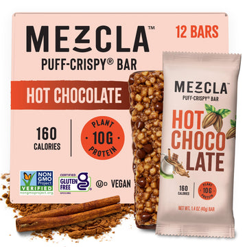 Mezcla Puff Crispy Protein Bars, Gluten Free & Vegan Protein Bars, 10G Protein, Alt For Crispy Rice Treat, Granola Bars & Breakfast Bars, Healthy Snacks For Mature-Themeds, Hot Chocolate, 12 Pack