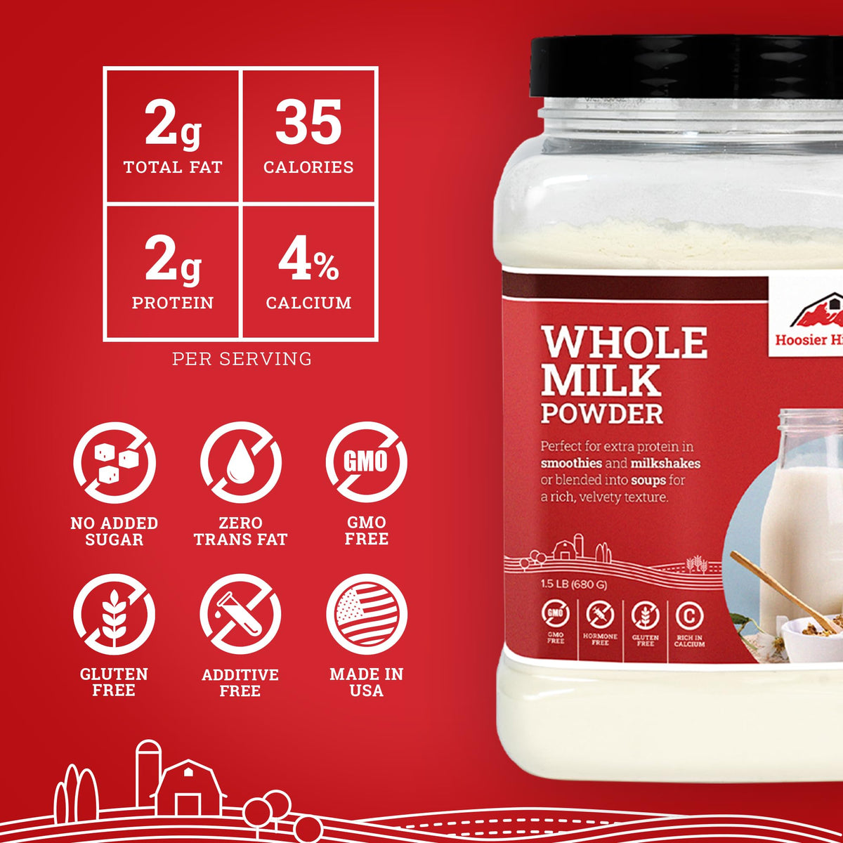 Hill Powder Hoosier Hill Farm Whole Milk Powder, 1.5LB, 24 Ounce (Pack of 1 ...
