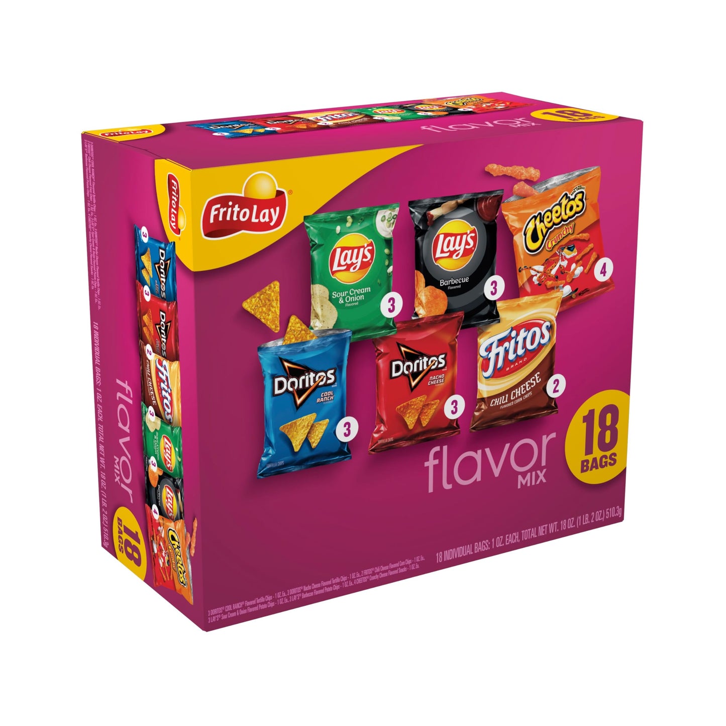 Frito-Lay Snacks Flavor Mix Chips Variety Pack, Doritos, Lays, Chetos, Fritos, 1oz Bags -18 Count (Pack of 1) (Assortment May V