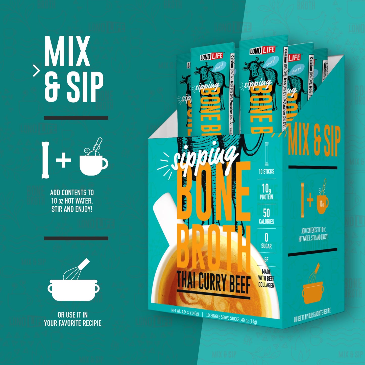 LonoLife Thai Curry Beef Bone Broth Powder Mix, 10g Protein, Keto & Paleo Friendly, 10 Stick Packs