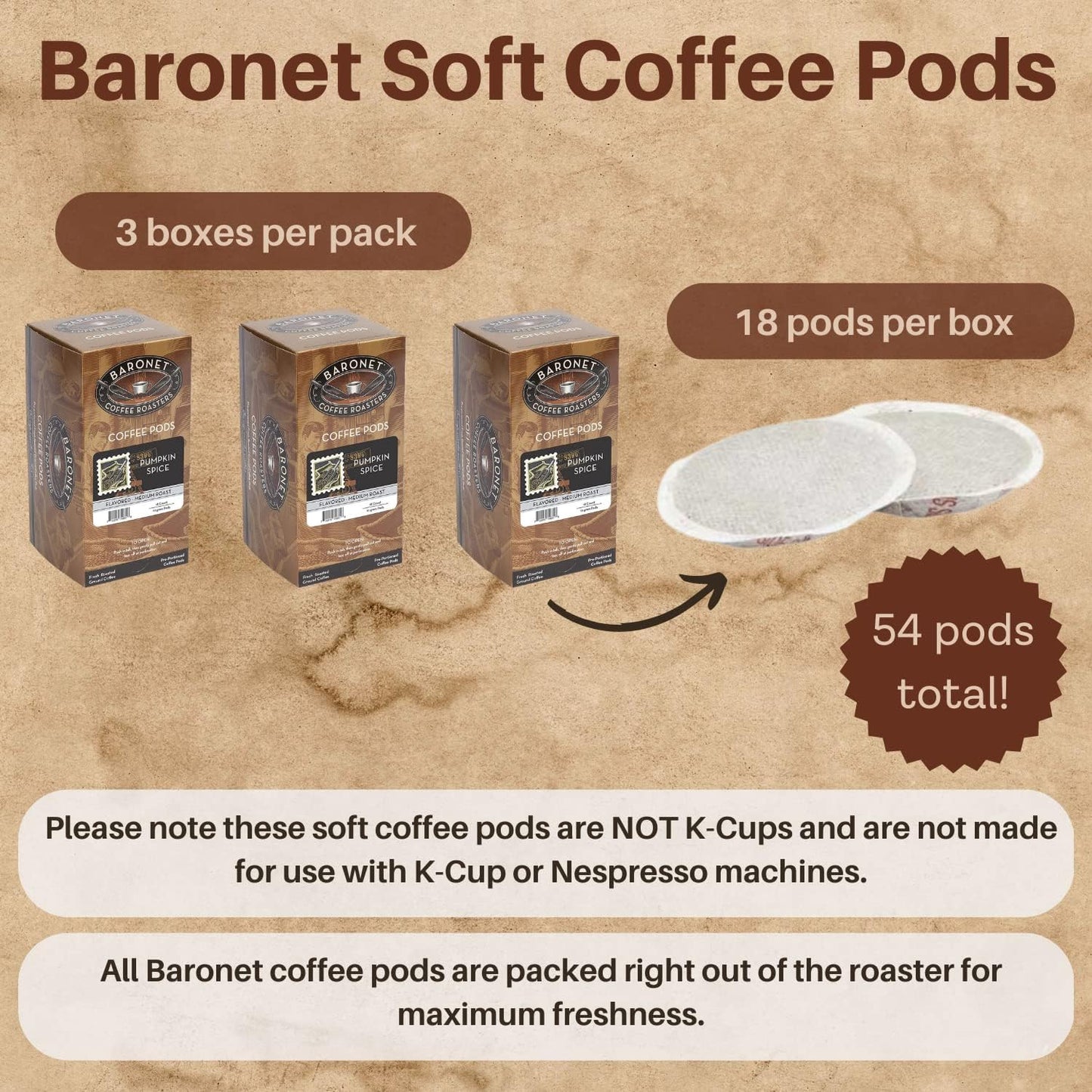 Baronet Coffee Pods Pumpkin Spice Latte - 54 Count Single Serve Medium Roast