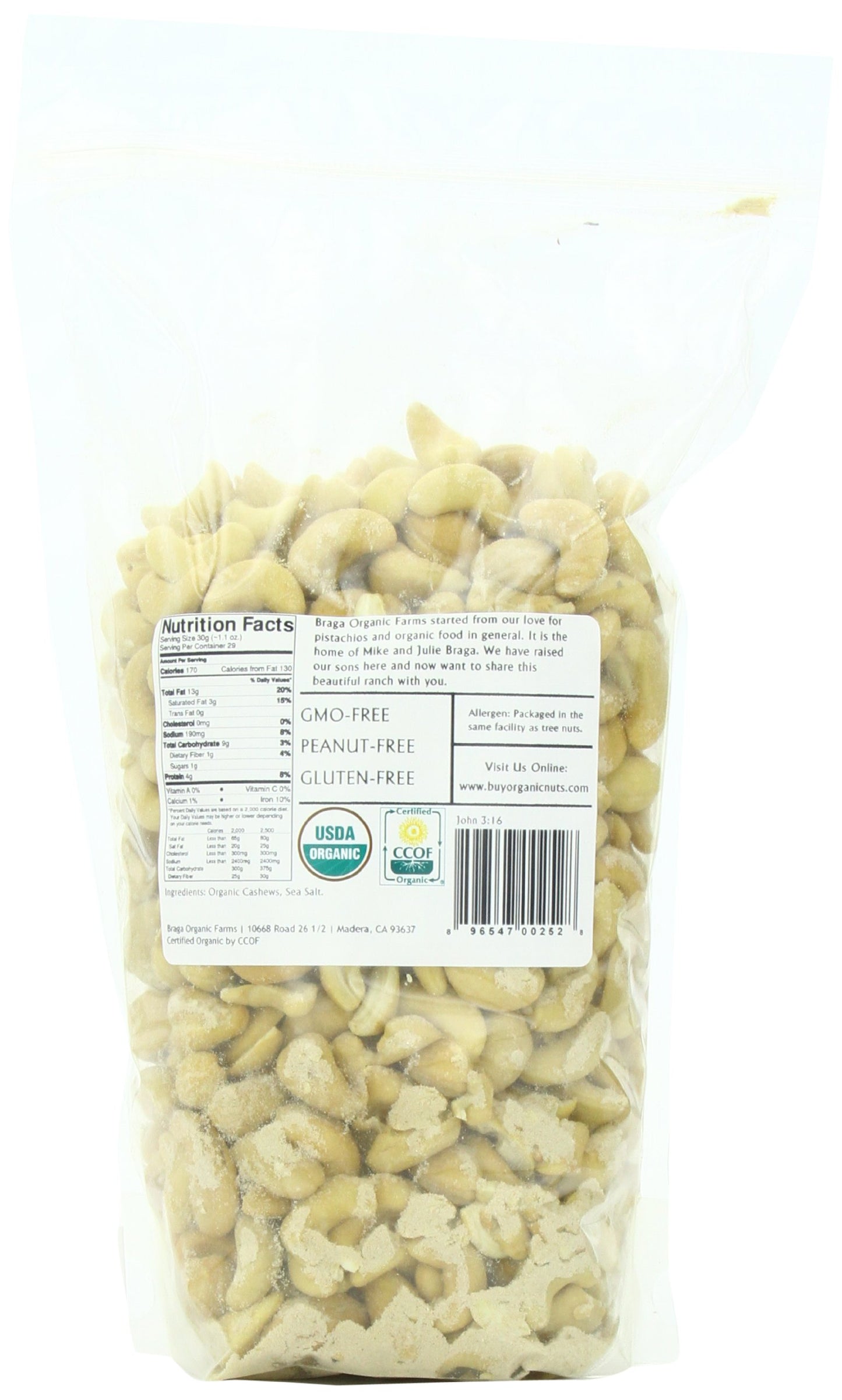 Braga Organic Farms Organic Roasted and Salted Cashews, 2 lb. Bag
