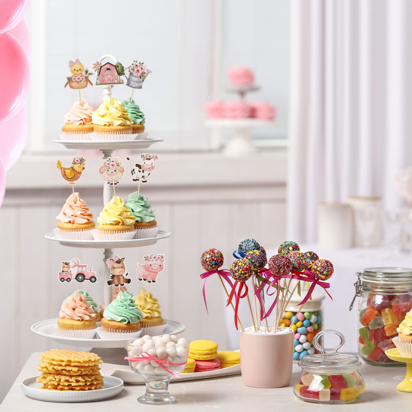 Gyufise 36Pcs Pink Floral Farm Animal Cupcake Toppers Pink Cute Girl Farm Animal Birthday Cupcake Toppers Picks For Girls Farm A