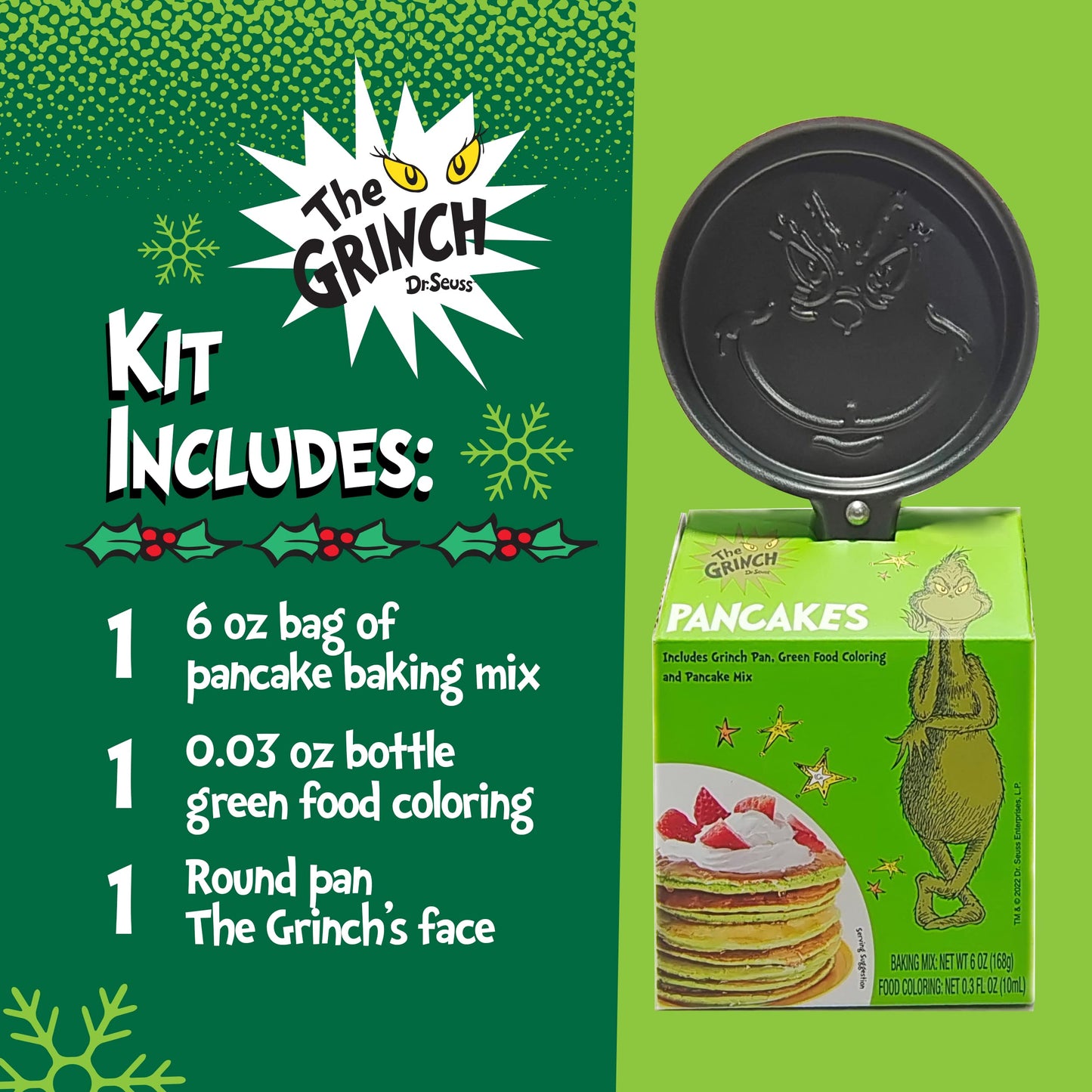 Ten Acre Gifts Dr Seuss The Grinch Pancake Mix and Pan Gift Set, Easy Instant Baking Mix with Round Frying Pan and Green Food Co
