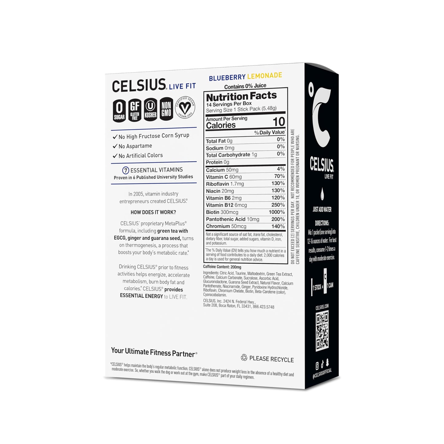 CELSIUS On-the-Go Powder Sticks Blueberry Lemonade, 14 Count, Essential Energy, 2.6 Oz per Pack
