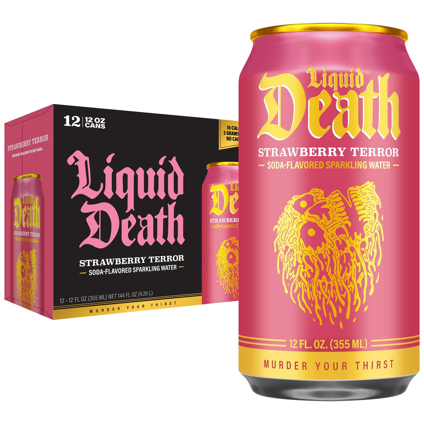Liquid Death Soda-Flavored Sparkling Water - Strawberry Terror  Less Sugar*  Huge Flavor  No Energy Blend  No Artificial Sweeteners  12 Fl Oz (Pack Of 12)