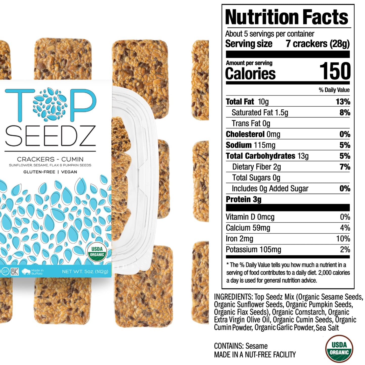 Top Seedz Organic Gluten Free Cumin & 6 Seed  ers, 5 oz, 6-Pack, Vegan, Plant-Based Protein, Healthy Snack