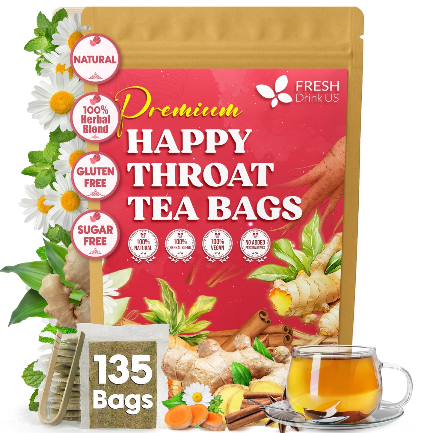 Top-Grade Happy Throat Herbal Tea - 135 Bags Of Supper Tea Blend: Marshmallow Root  Slippery Elm & Flavor Blendger - Dry & Sore Throat Relief - Energy Blend-Free  No Honey  No Citrus - No Sugar