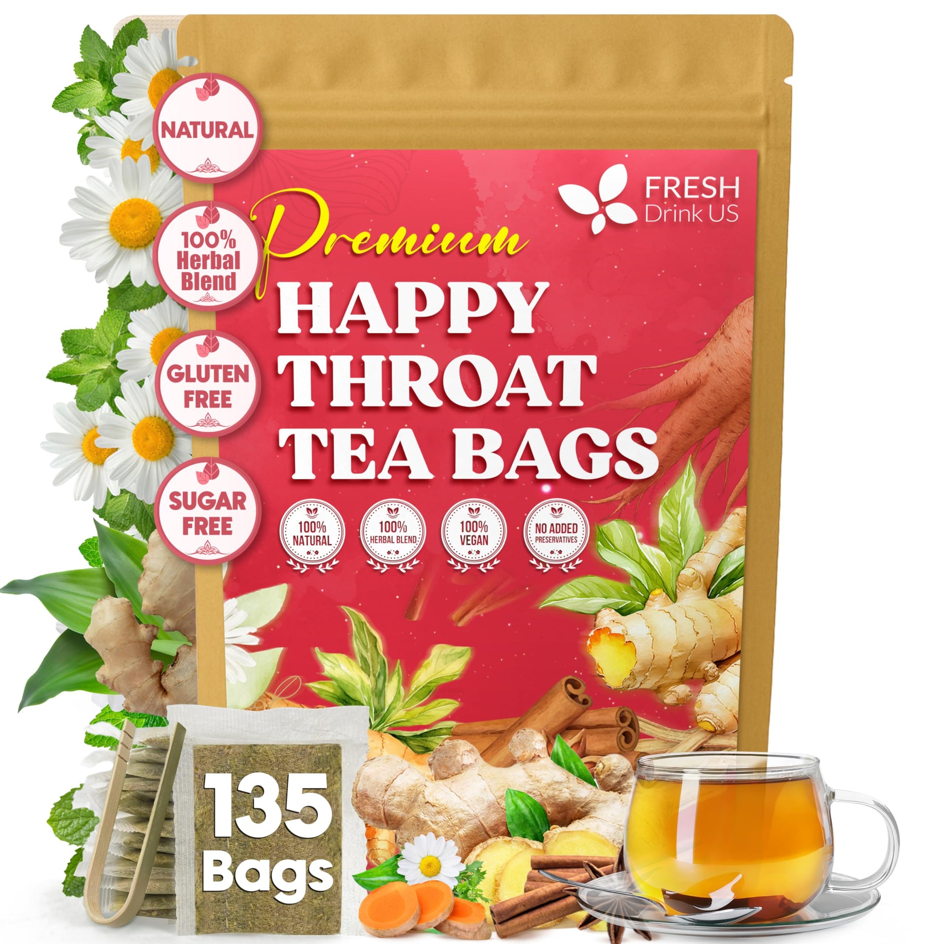 Top-Grade Happy Throat Herbal Tea - 135 Bags Of Supper Tea Blend: Marshmallow Root  Slippery Elm & Flavor Blendger - Dry & Sore Throat Relief - Energy Blend-Free  No Honey  No Citrus - No Sugar