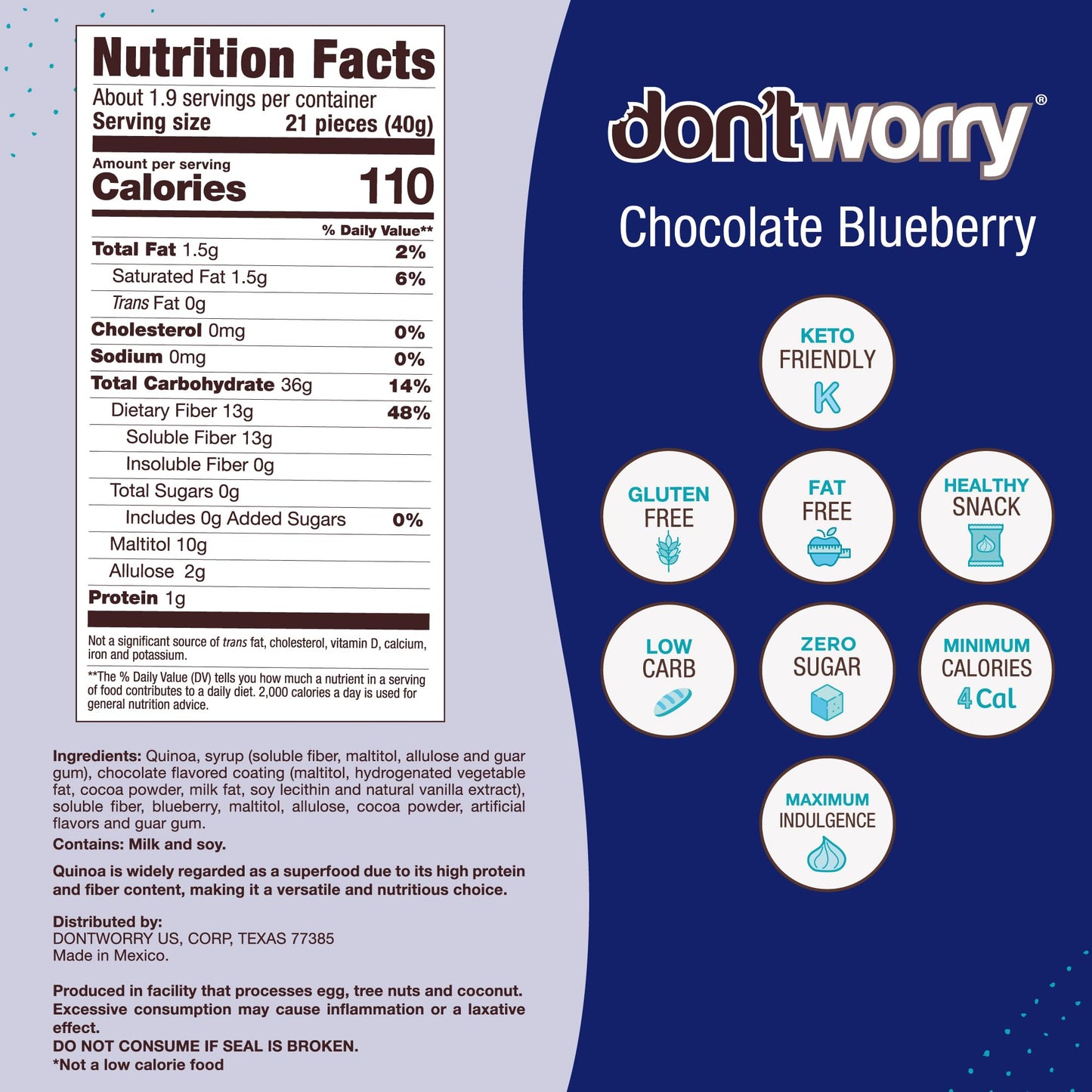 Dont Worry Chocolate Quinoa Bites - Low Calorie Keto Snacks, 4 Pack, Gluten Free, High Protein, 5 Calories Per Bite