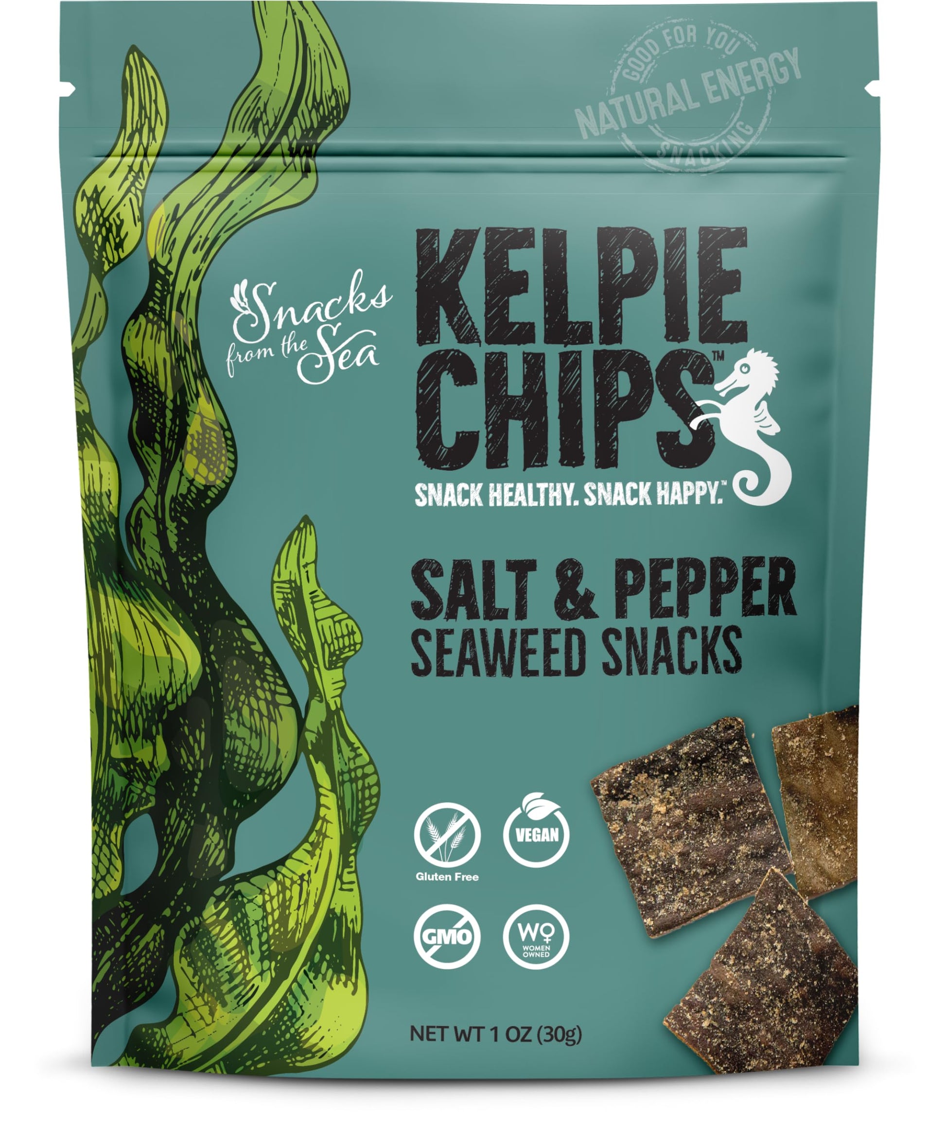 Salt and Pepper,1oz, 3bags, Kelpie Chips healthy snack natural kelp seaweed chips superfood nutrient explosion (3 Bags, Salt and