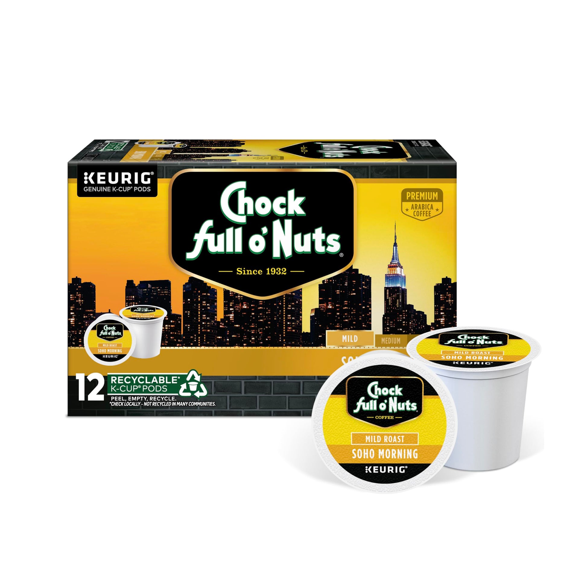 Chock Full o Nuts K-Cup Pods, Mild Roast Premium Arabica Coffee, 12 Count, Single Serve for Keurig Brewers