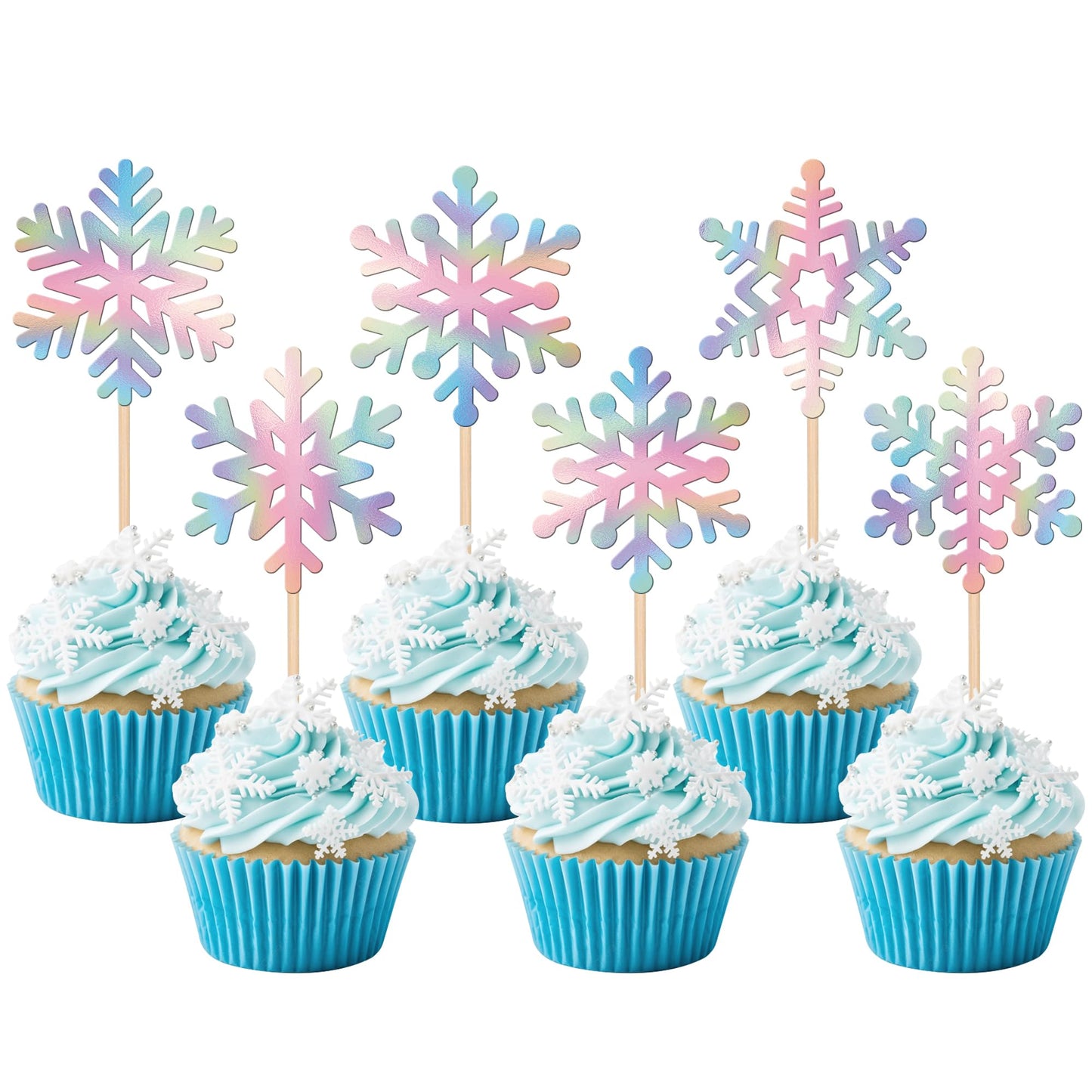 24 PCS Snowflake Cupcake Toppers Glitter Frozen Snowflake Cupcake Picks Winter Wonderland Cake Decorations for Baby Shower Kids 
