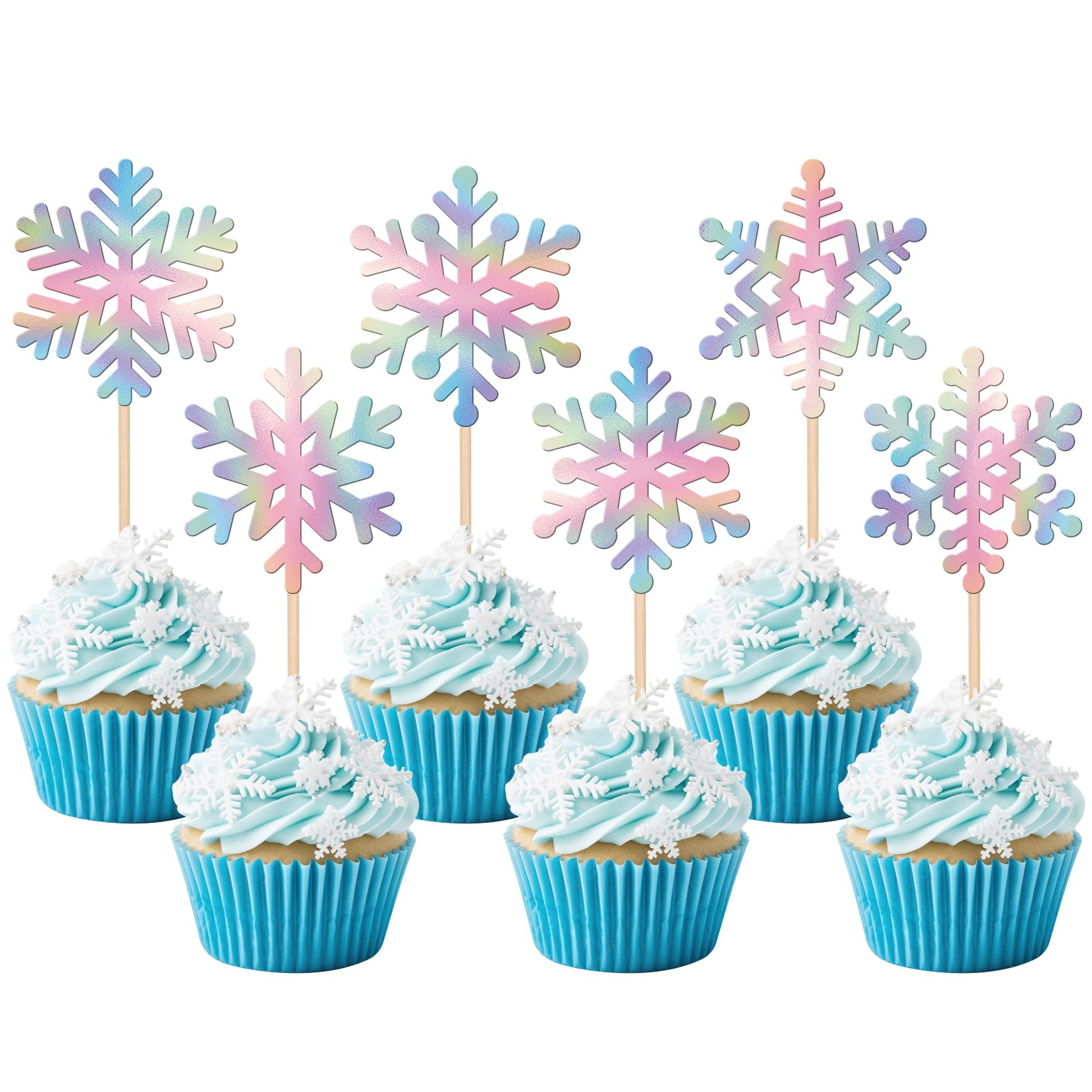 24 PCS Snowflake Cupcake Toppers Glitter Frozen Snowflake Cupcake Picks Winter Wonderland Cake Decorations for Baby Shower Kids 