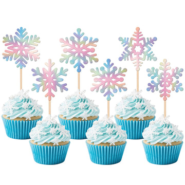 24 PCS Snowflake Cupcake Toppers Glitter Frozen Snowflake Cupcake Picks Winter Wonderland Cake Decorations for Baby Shower Kids 