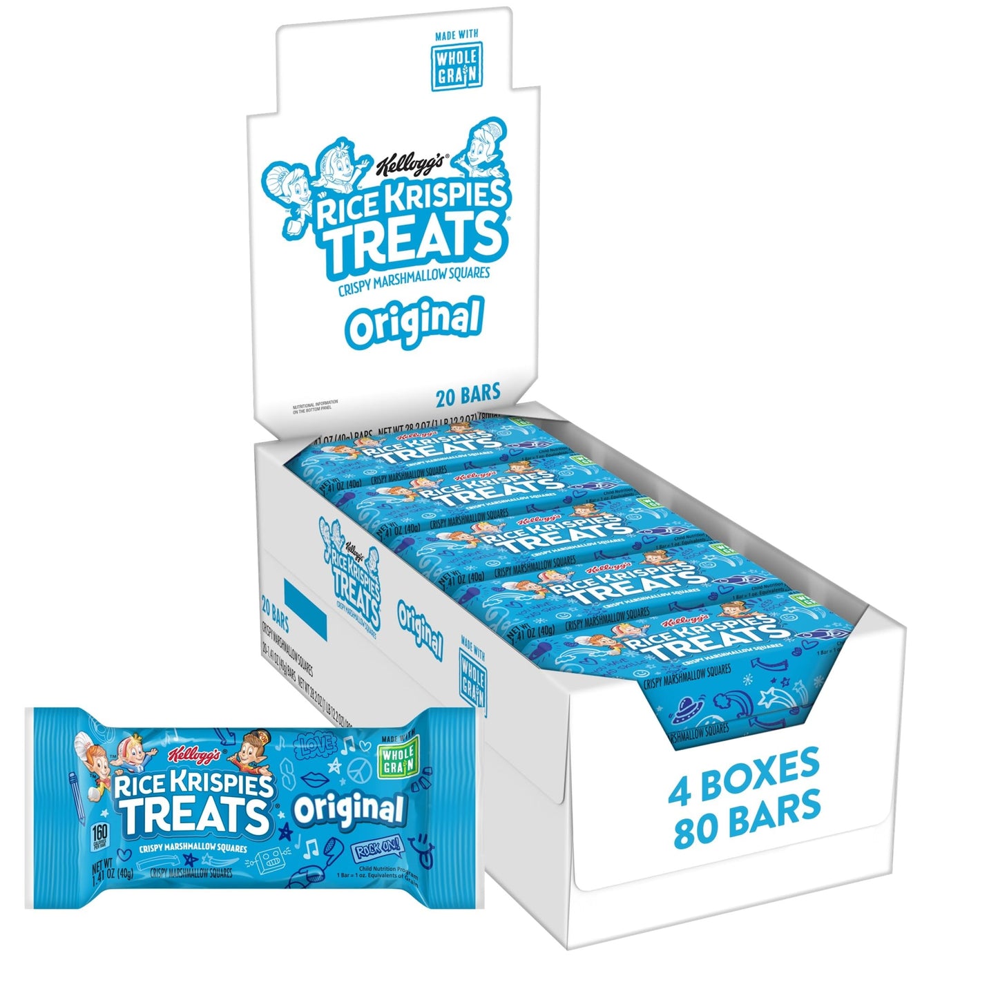 Kelloggs Rice Krispies Treats, Crispy Marshmallow Squares, Original, Made With Whole-Grain, Bulk Size (Pack of 80, 1.41 oz Bars)