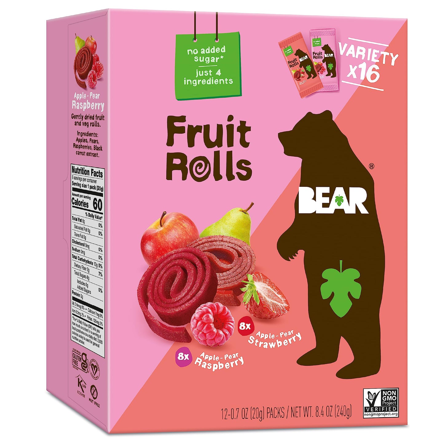 BEAR Real Fruit Snack Rolls, Strawberry & Raspberry Variety Pack - 16 Count - Gluten Free, Vegan, and Non-GMO - Healthy School A
