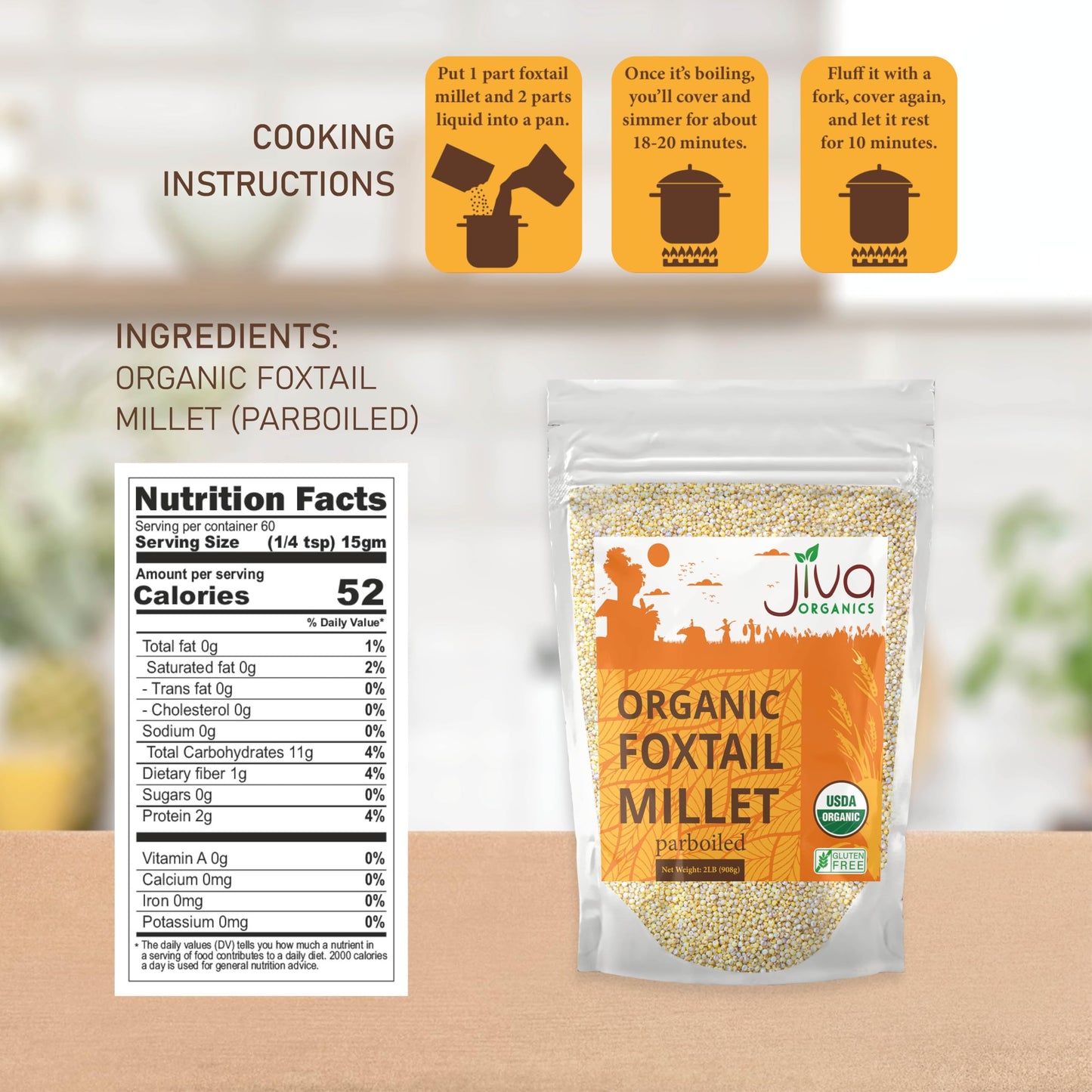 Jiva Organics Foxtail Millet 2 LB - Gluten-Free Whole Grain Superfood, High in Protein & Fiber for Indian Cooking