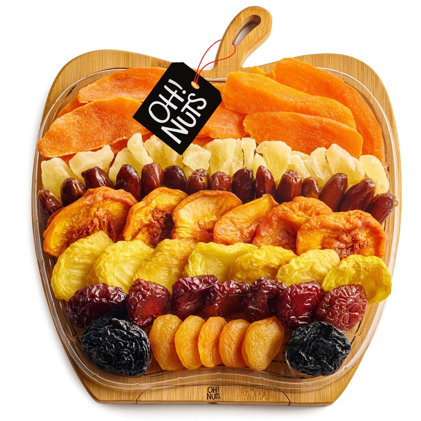 Oh! Nuts Dried Fruit Gift Basket - Gourmet Assortment - Wooden Apple Shape Tray - Golden Brown