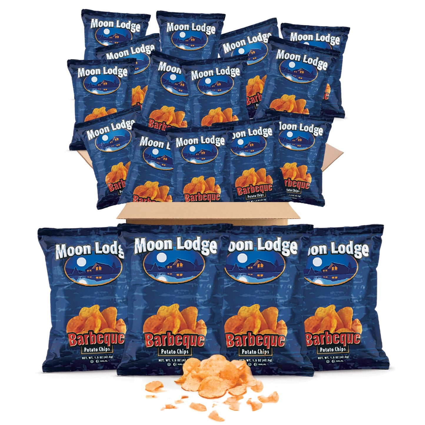 Moon Lodge 18 Pack Barbeque Potato Chips - BBQ Kosher & Halal Snacks for All Ages, Perfect for Parties & Movie Nights (1.5 Oz Ba