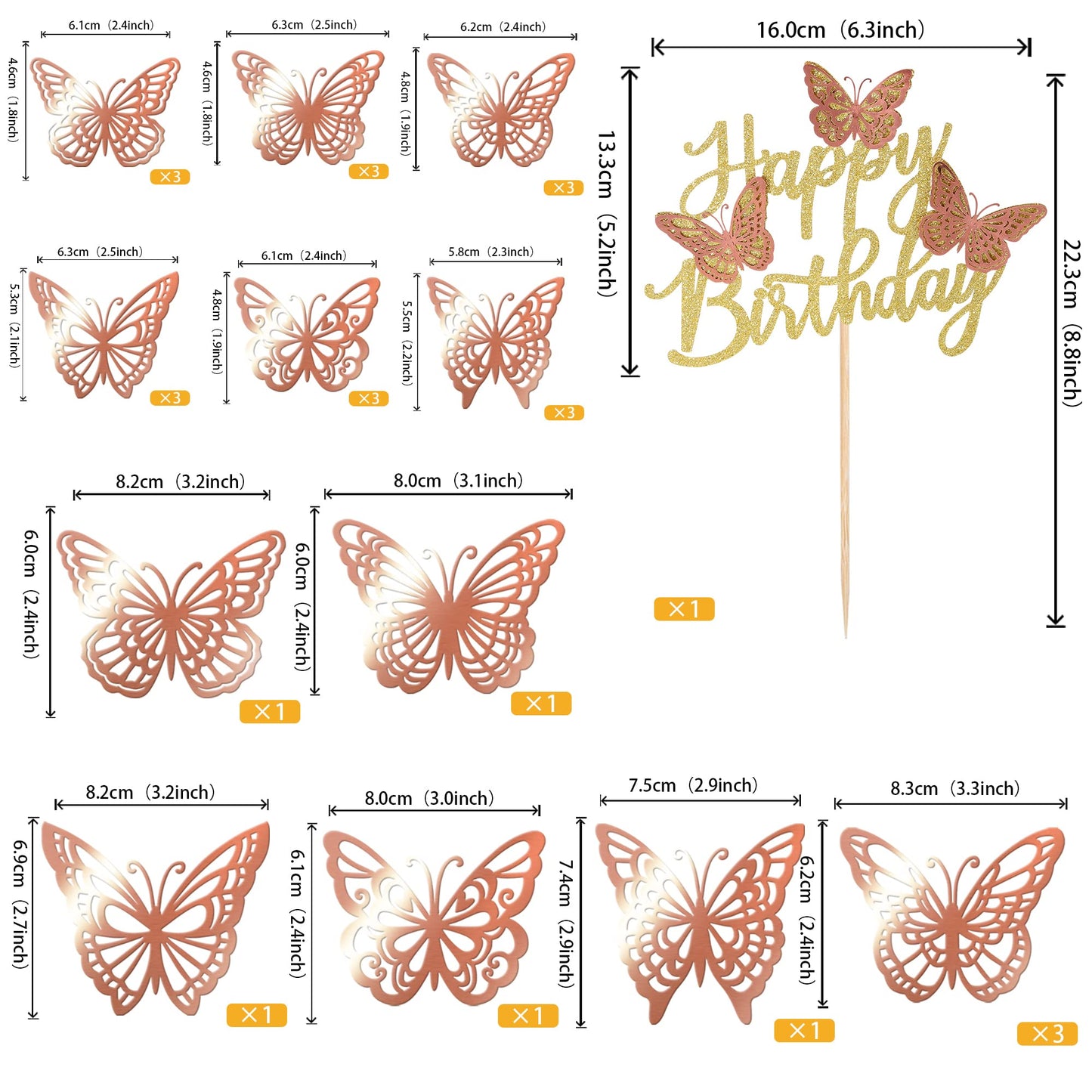 Rssta i Butterfly Cake Toppers - 25 Pack Glitter Happy Birthday 3D Cupcake Toppers - Rose Gold - Model XM266