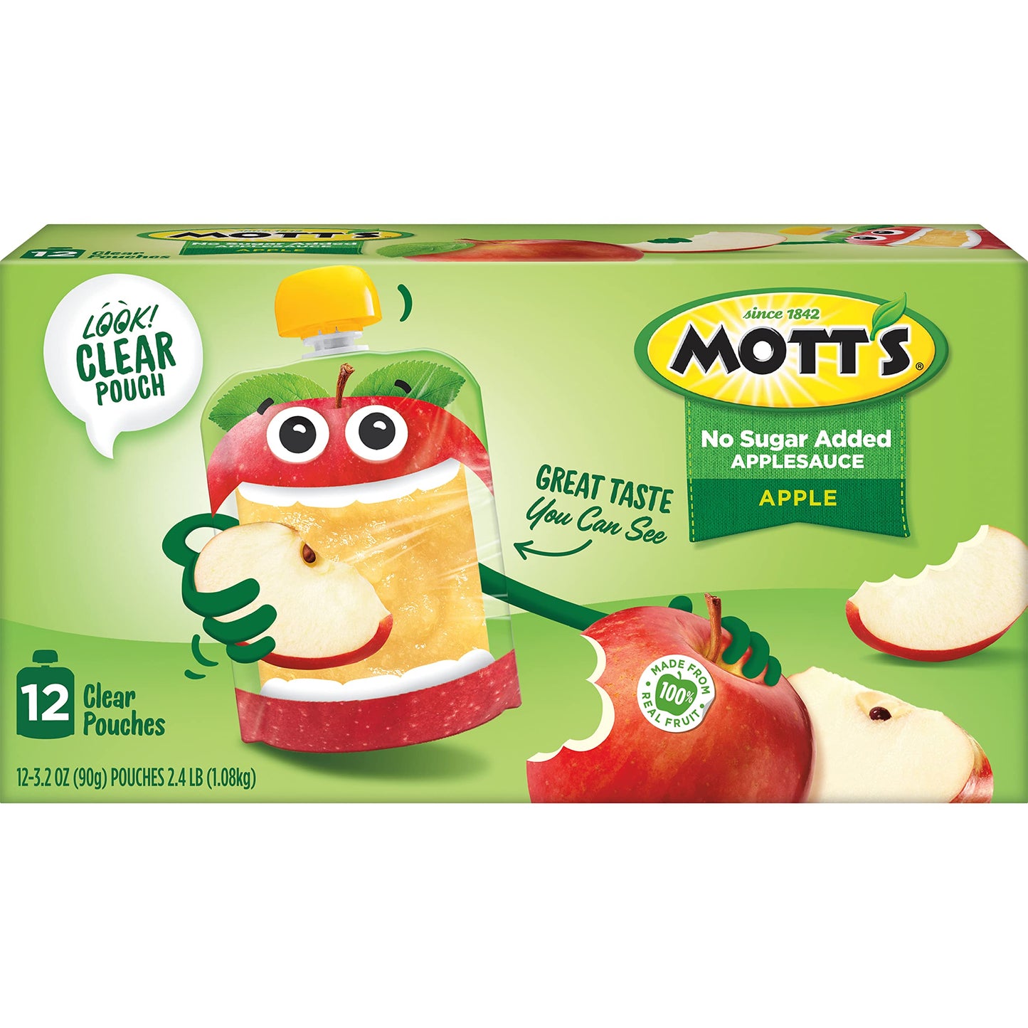 Mott s No Sugar Added Applesauce, 3.2 oz clear pouches, 12 Count (Pack of 8)