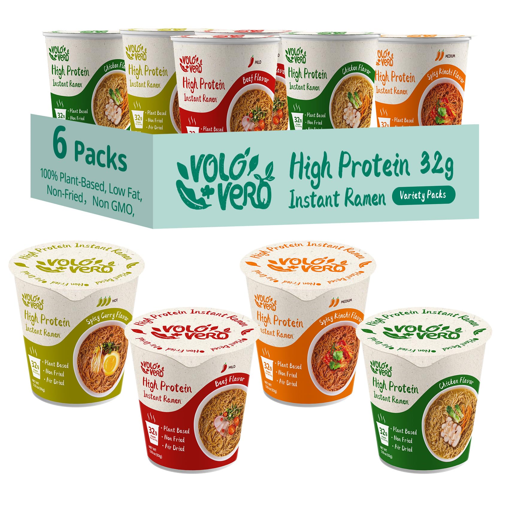 VOLO VERO High Protein (32g) Ramen Noodles Cup Variety Pack, Plant-Based, Non-Fried, Vegan, Low Fat | Chicken, Spicy    Beef, Ki