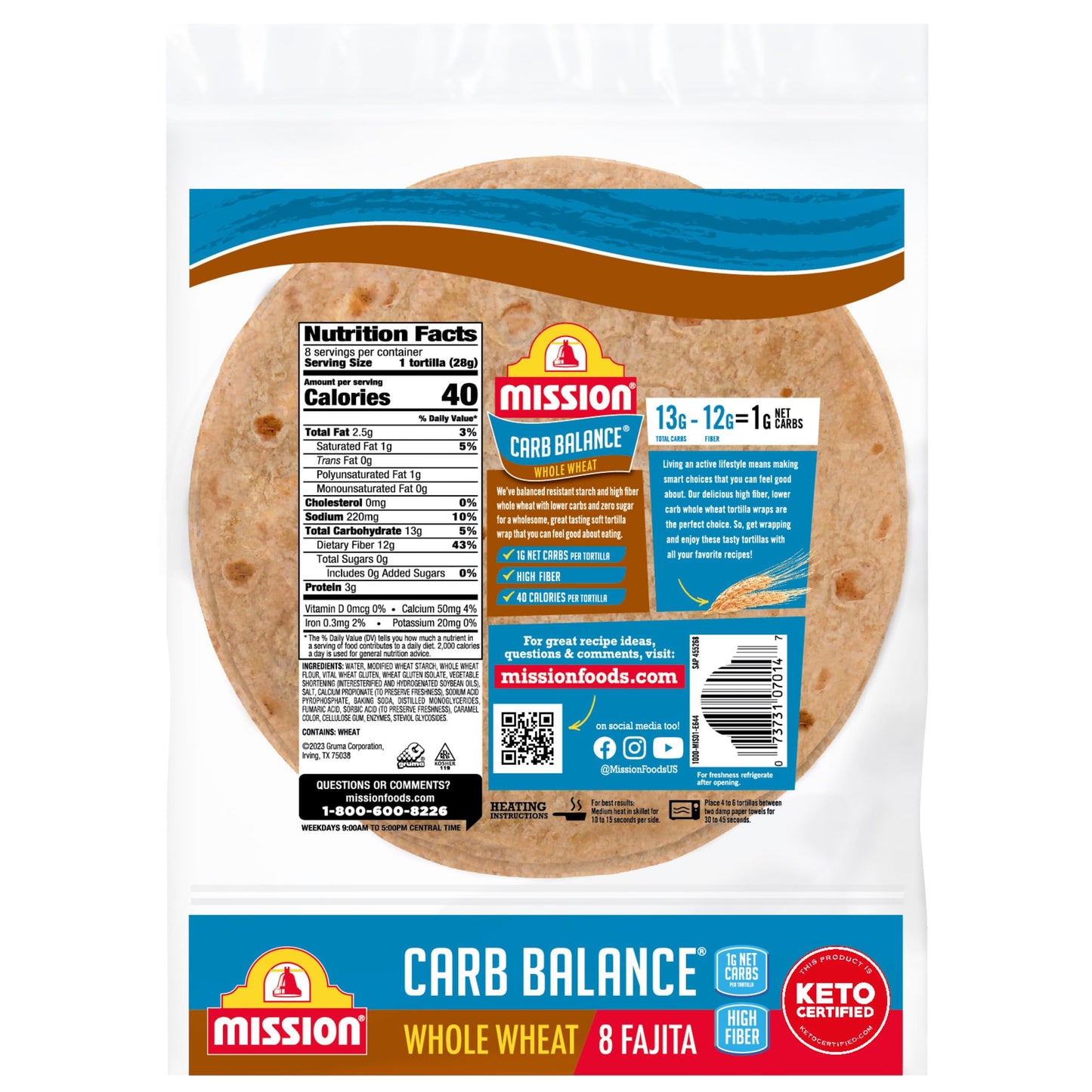 Mission Carb Balance Whole Wheat Flour Tortillas, Fajita Size, 8 Count