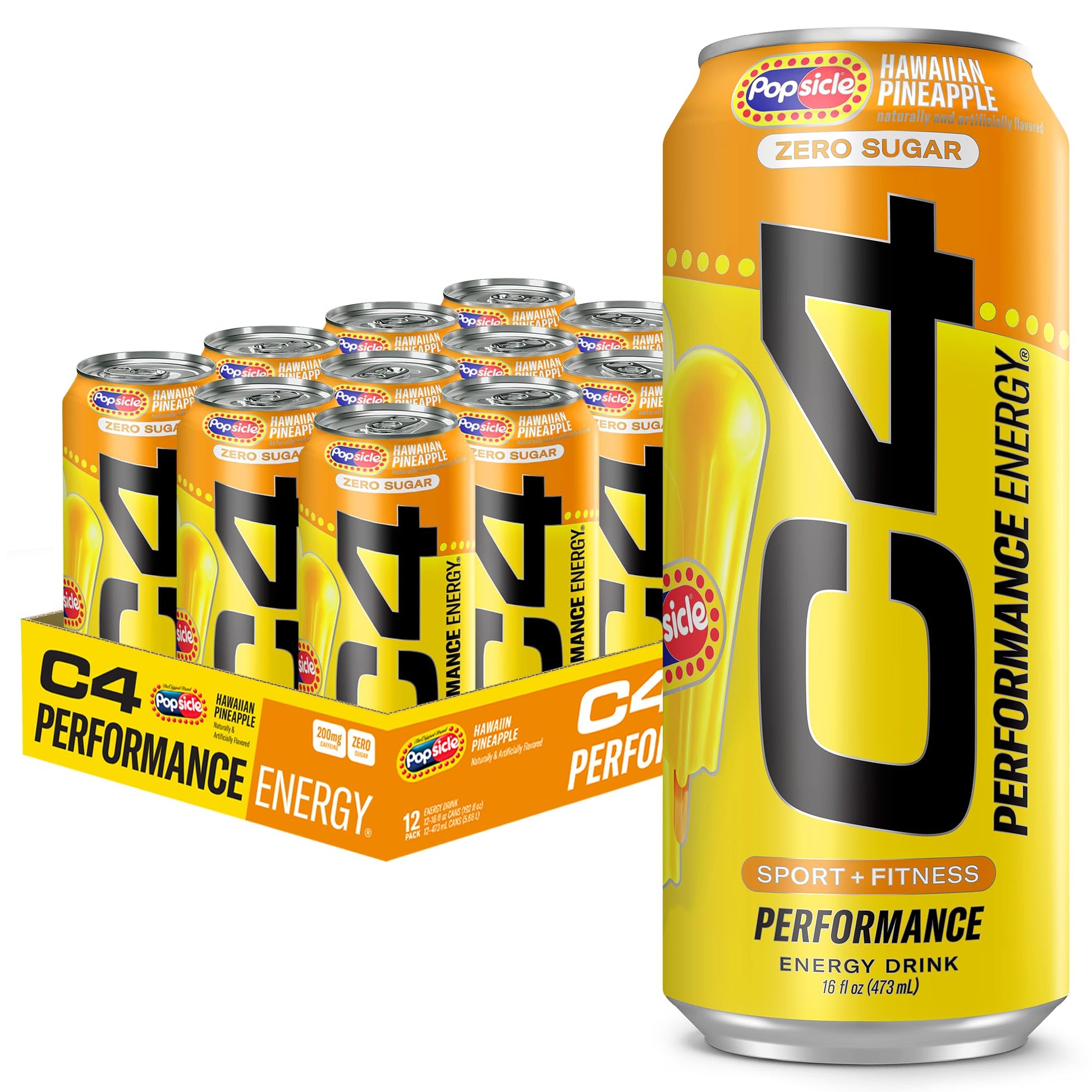 Cellucor C4 Energy Drink - Hawaiian Pineapple Popsicle, Carbonated, Sugar Free, 16 Fl Oz, Pack of 12