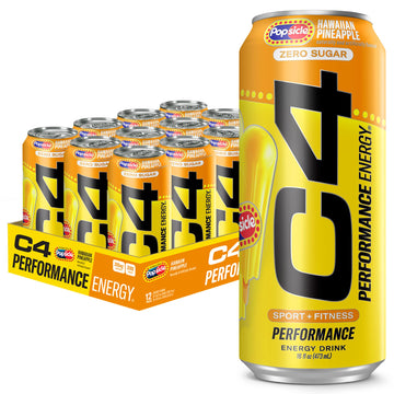 C4 Energy Drink X Popsicle Hawaiian Pineapple, Carbonated Sugar Free Pre Workout Performance Drink With No Artificial Colors Or