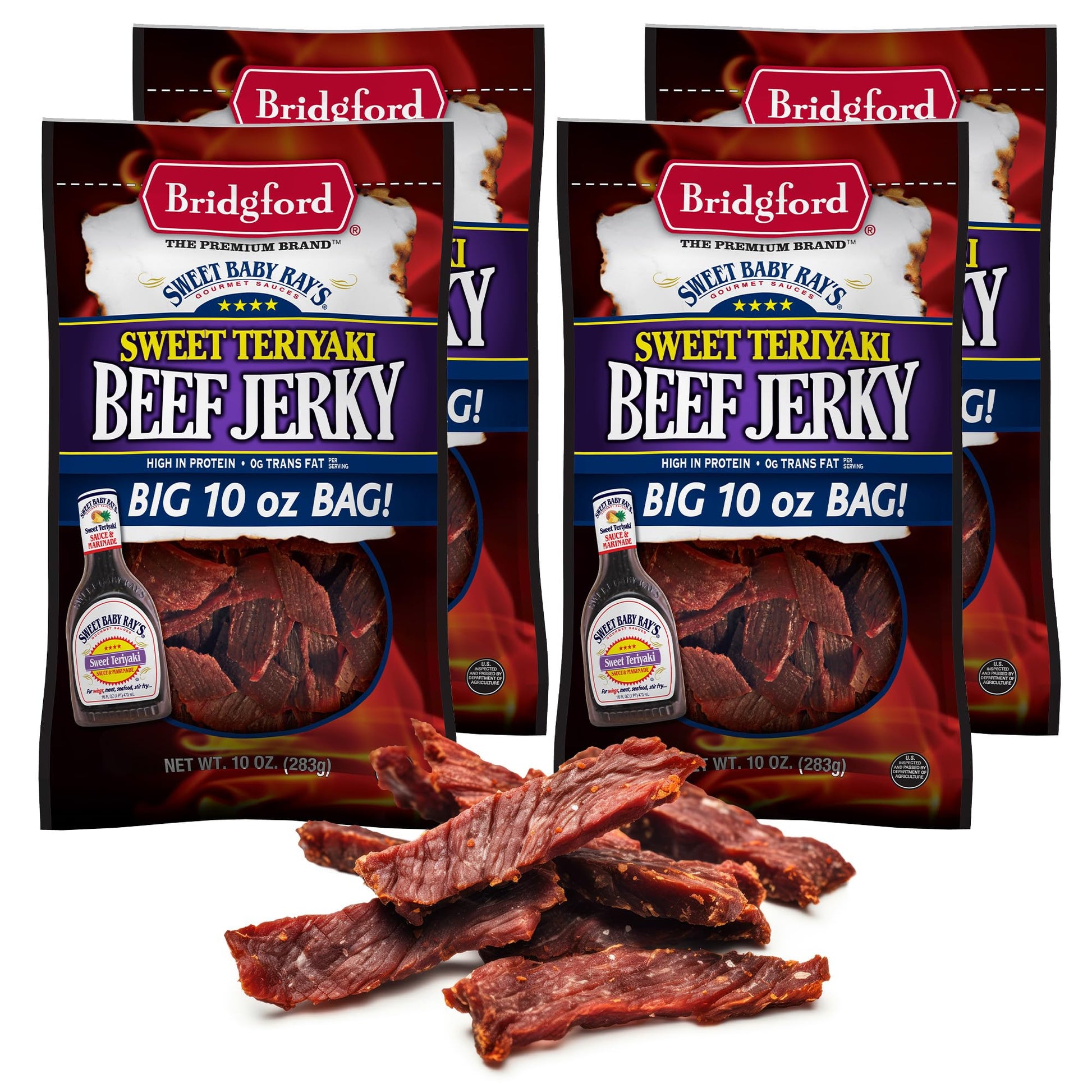 Bridgford Sweet Baby Rays Beef Jerky Sweet Teriyaki 10 oz Pack of 4 - High Protein Beef Jerky for Low Carb and High Protein Diet