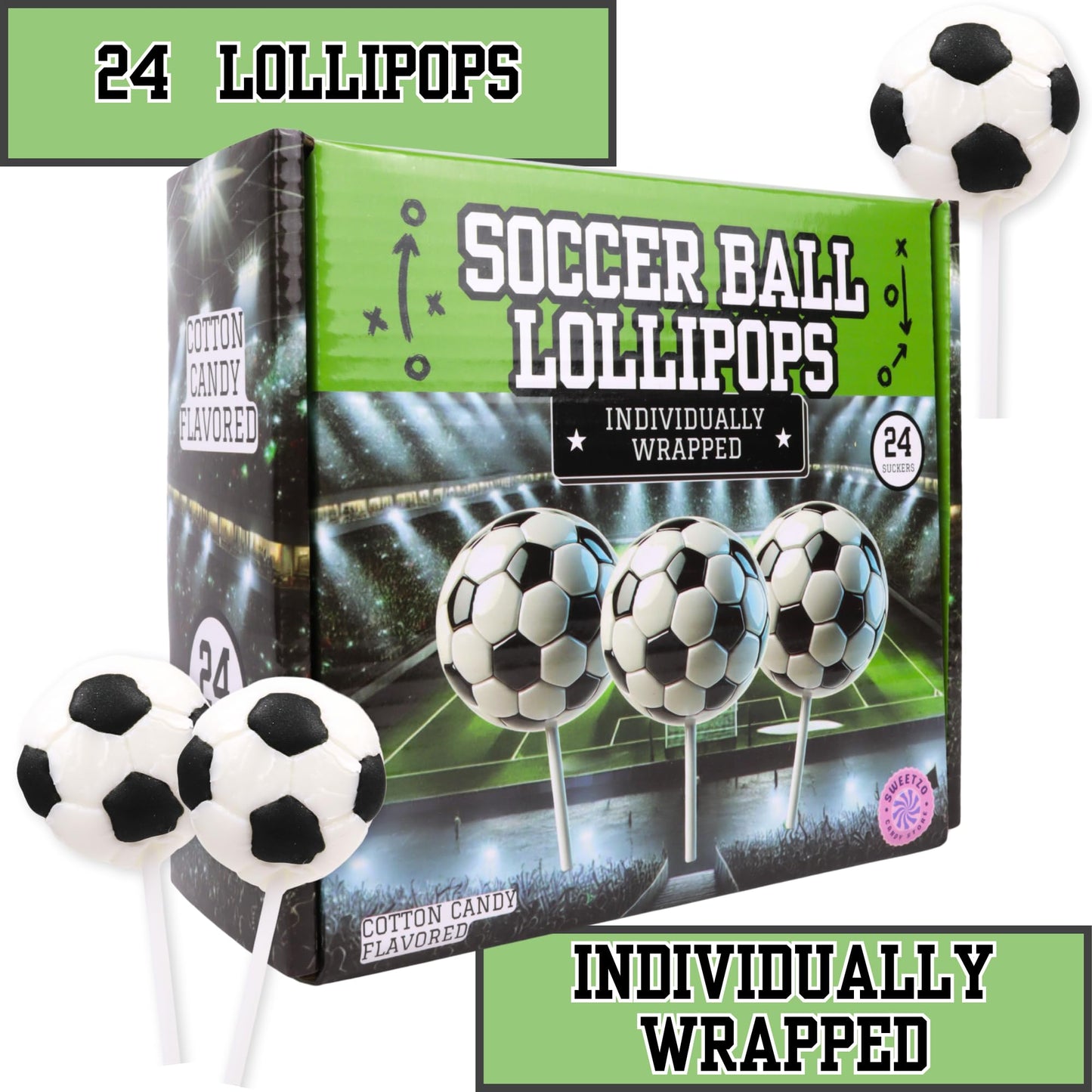 Sweetzo Soccer Ball Lollipops - 2D Individually Wrapped Suckers, 24 Count, Large Size, Perfect for Team Gifts and Party Favors