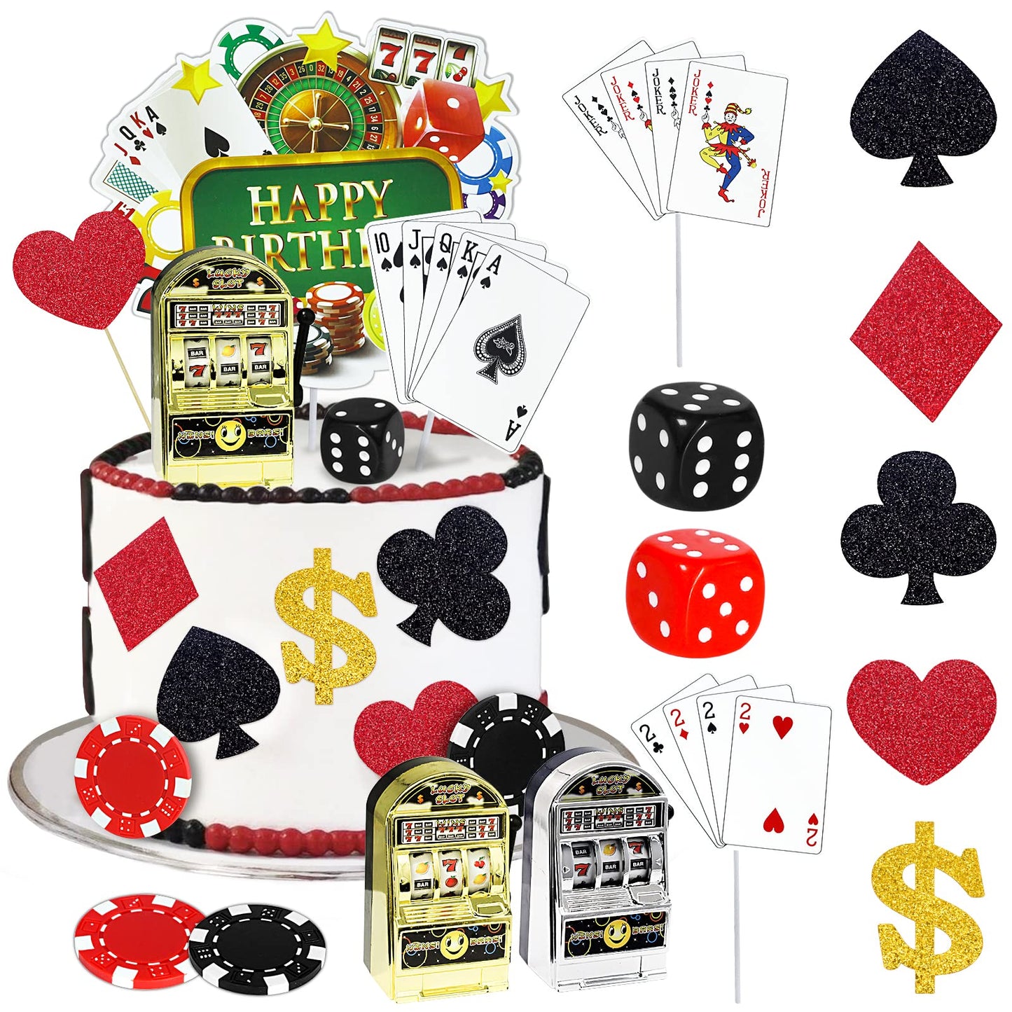 Morofme Casino Cake Decorations Set, 21 PCS, Medium, Plastic, Includes Slot Machine, Poker Chips, Dices, Dollar Sign, Birthday Party Supplies