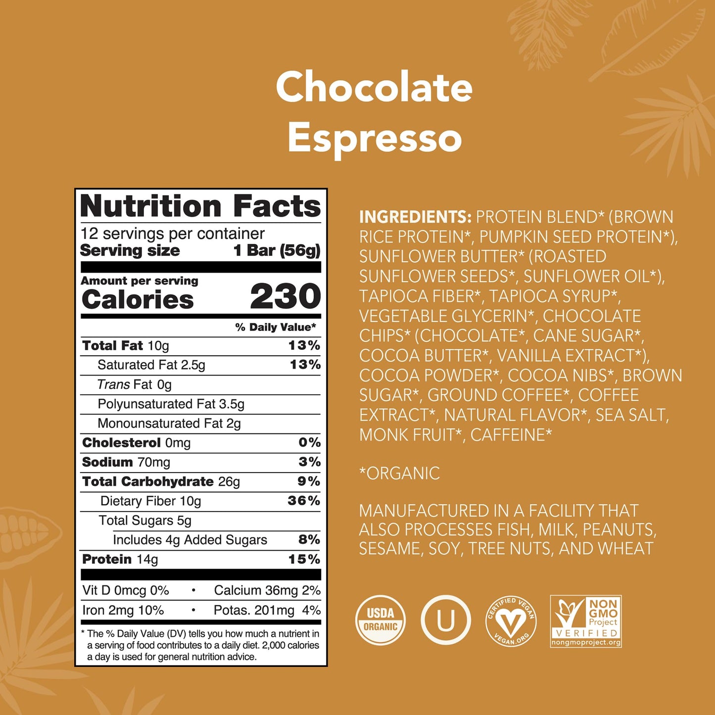 ALOHA Organic Plant Based Protein Bars - Chocolate Espresso, Vegan, Gluten-Free, Low Sugar, 12 Bars, 1.98 oz per Bar