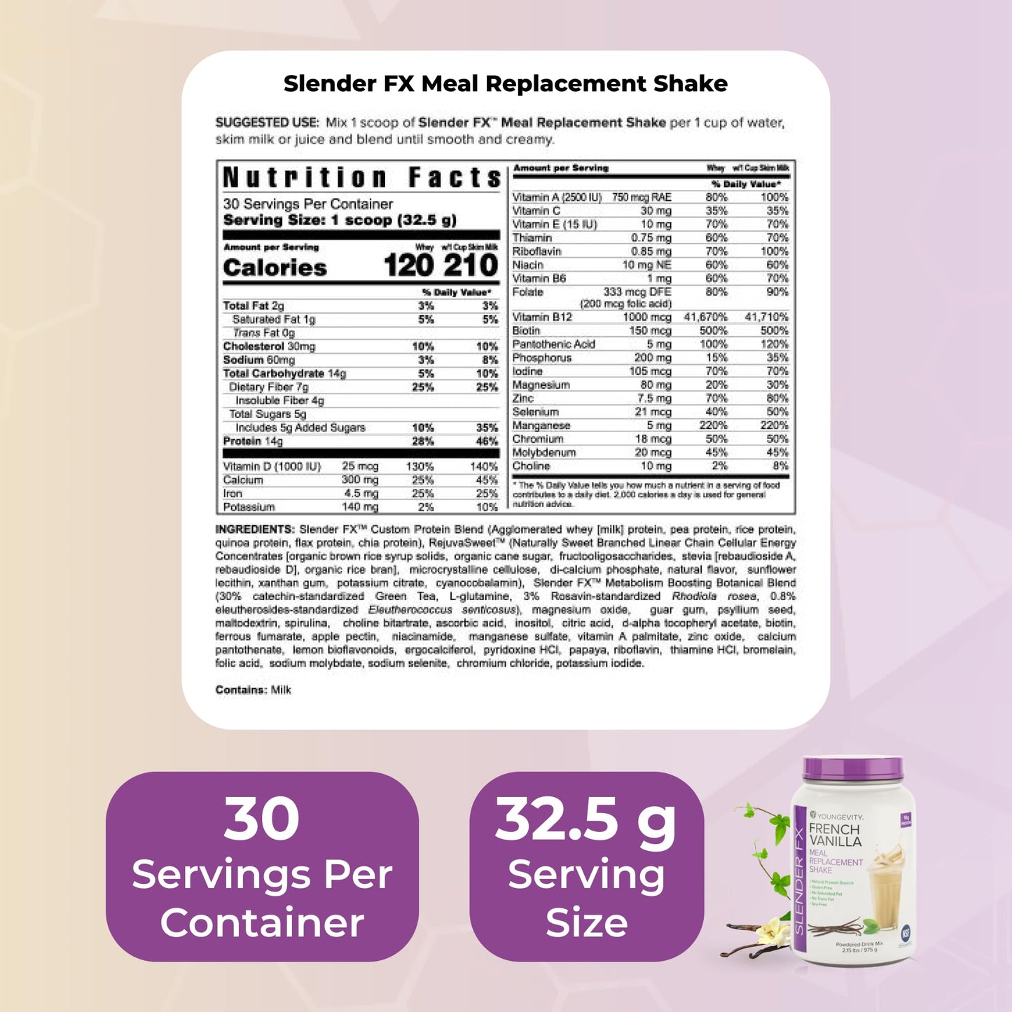 Youngevity Slender FX Meal Replacement Shake - French Vanilla - 35.98 Ounce (30 Servings) - All Natural Protein, Vitamins, and Minerals