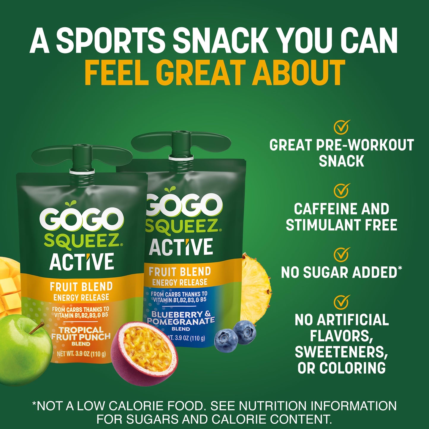 GoGo squeeZ Active Fruit Blend Energy Release|18-Count Variety Pack|Tropical Fruit Punch and Blueberry & Pomegranate|Made with Real Fruit and B Vitamins