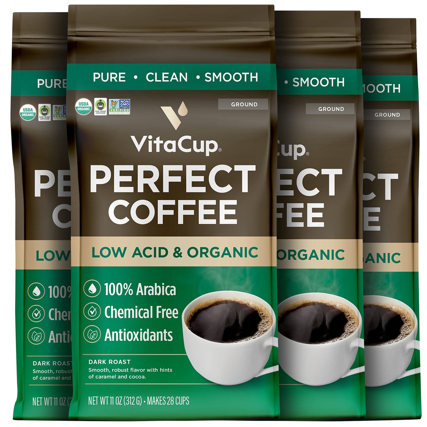 VitaCup Low Acid Coffee Ground, USDA Organic Dark Roast, 4 Bags, 11oz Each