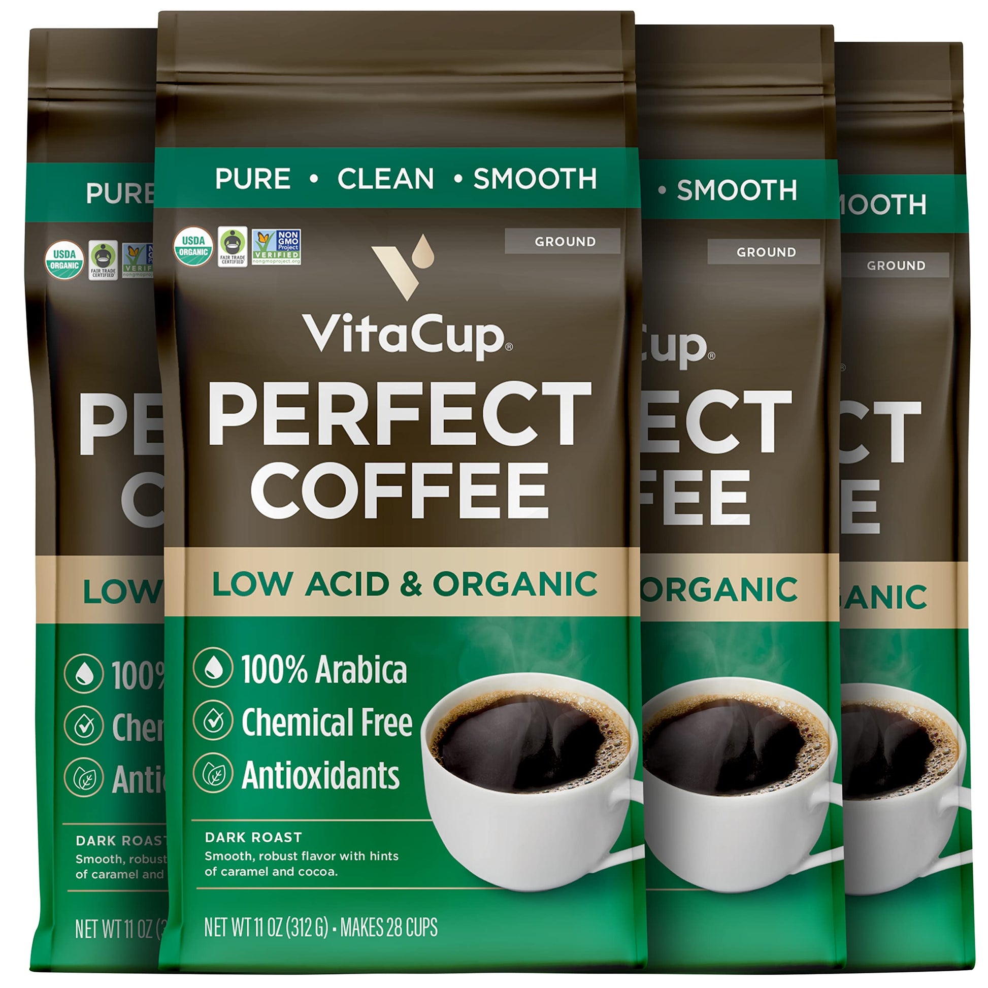 VitaCup Low Acid Coffee Ground, USDA Organic Dark Roast, 4 Bags, 11oz Each