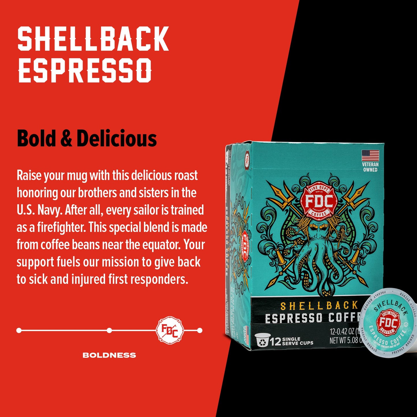 Fire Department Coffee - Gives Back to Firefighters - Bold & Smooth Shellback Espresso Coffee Pods - Roasted in the USA - Made with enhanced Coffee Beans - Veteran Owned - 12 Single Pods