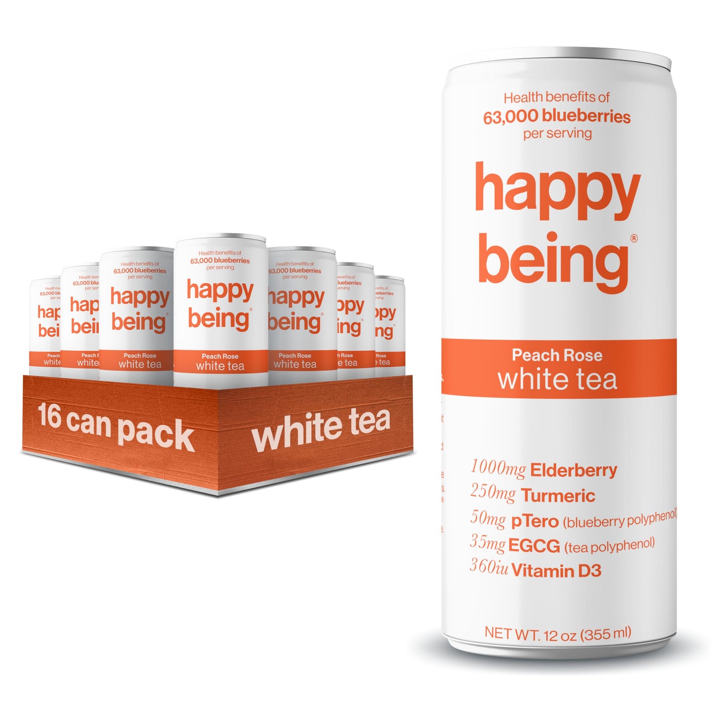Happy Being Organic Peach Rose White Tea - Turmeric & Elderberry Infusion, Caffeine Free, 12oz, 16 Pack